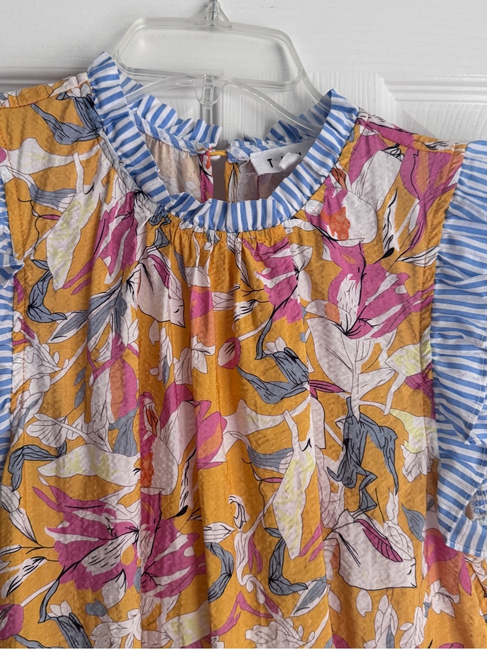 THML Mixed Print Ruffle Sleeve Blouse, Floral & Stripe Sleeveless Top - Picture 6 of 13